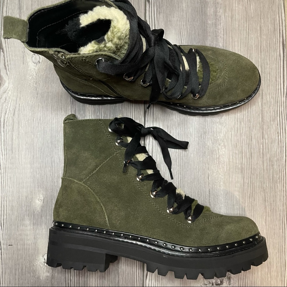 Steve Madden Rainier Green Suede Lace Up Fur Combat Boots - Picture 2 of 11